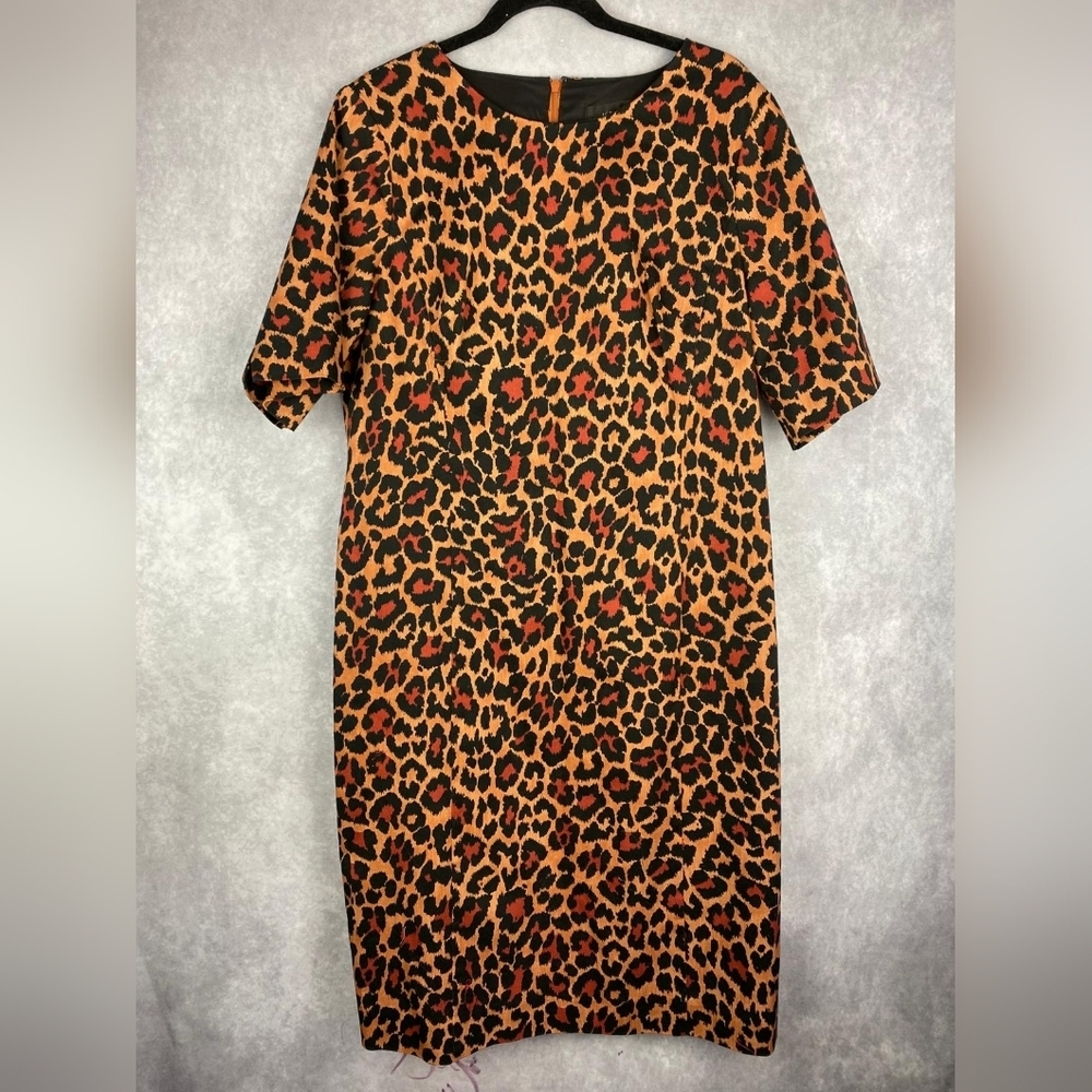 J.Crew Women’s Dress Brown Red Leopard Print Straight Stretch Lined Midi size 16